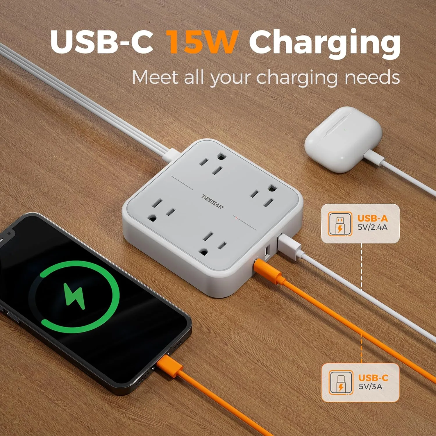 Surge Protector Flat Extension Cord 5Ft, TESSAN Flat Plug Power Strip with 4 Outlets 3 USB Ports (1 USB C), 900 Joules Protection, Multiple Wall Outlet Extender Suitable for Home Office Dorm, Grey