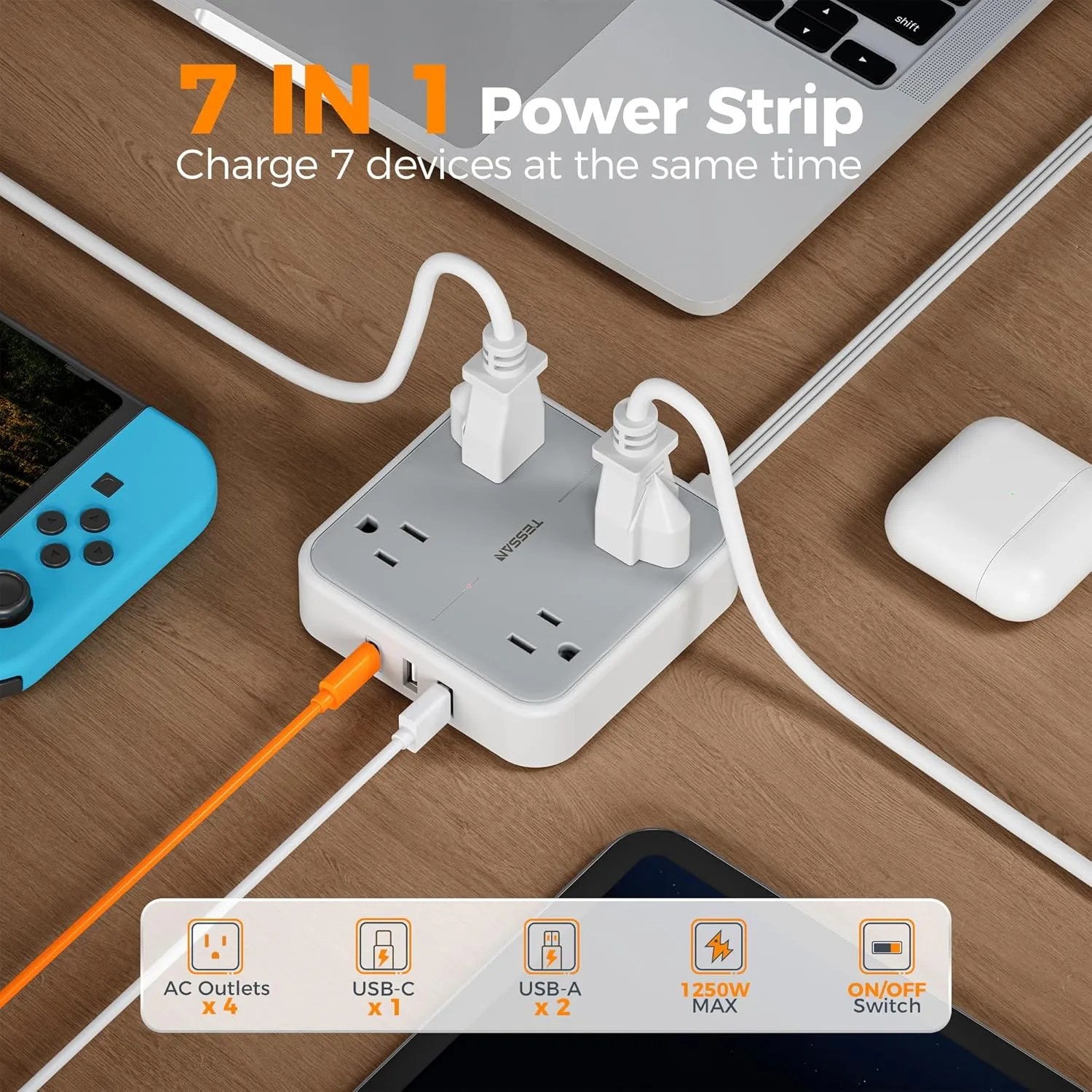 Surge Protector Flat Extension Cord 5Ft, TESSAN Flat Plug Power Strip with 4 Outlets 3 USB Ports (1 USB C), 900 Joules Protection, Multiple Wall Outlet Extender Suitable for Home Office Dorm, Grey