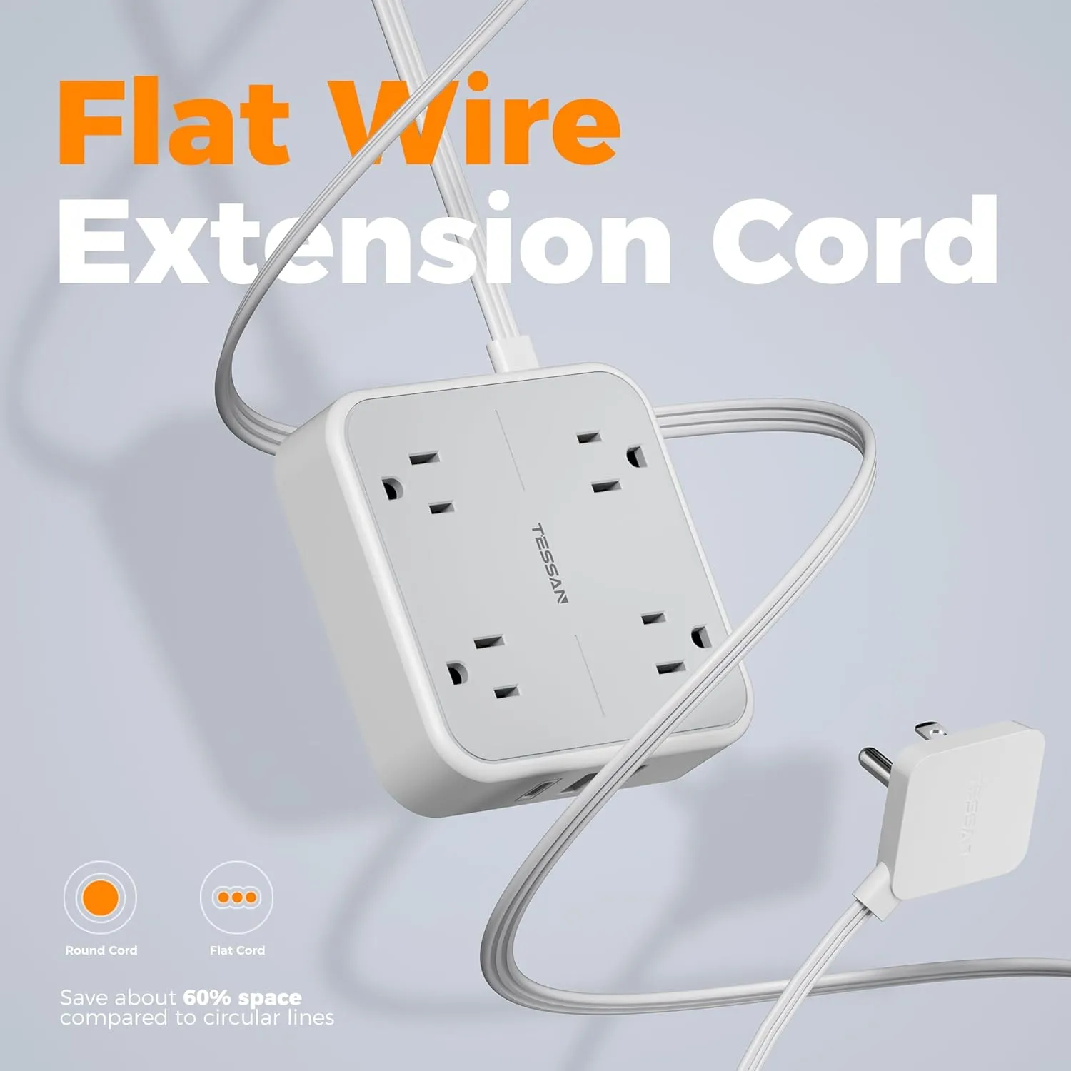 Surge Protector Flat Extension Cord 5Ft, TESSAN Flat Plug Power Strip with 4 Outlets 3 USB Ports (1 USB C), 900 Joules Protection, Multiple Wall Outlet Extender Suitable for Home Office Dorm, Grey