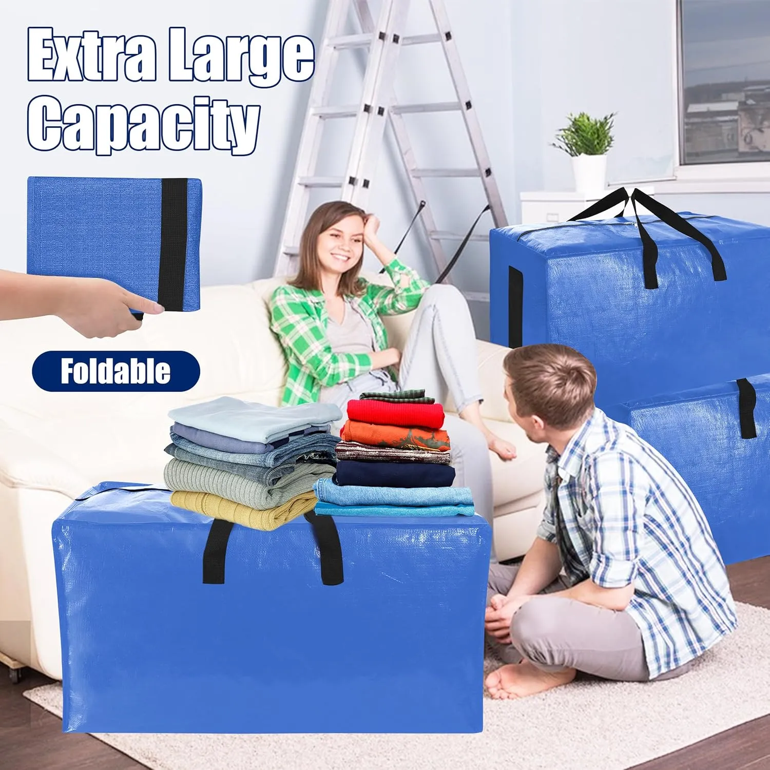 SWEET DOLPHIN 6 Pack Extra Large Moving Bags with Strong Zippers & Carrying Handles, Heavy Duty Storage Tote for Space Saving Moving Storage, Fold Flat, Alternative to Moving Box (Multicolored)