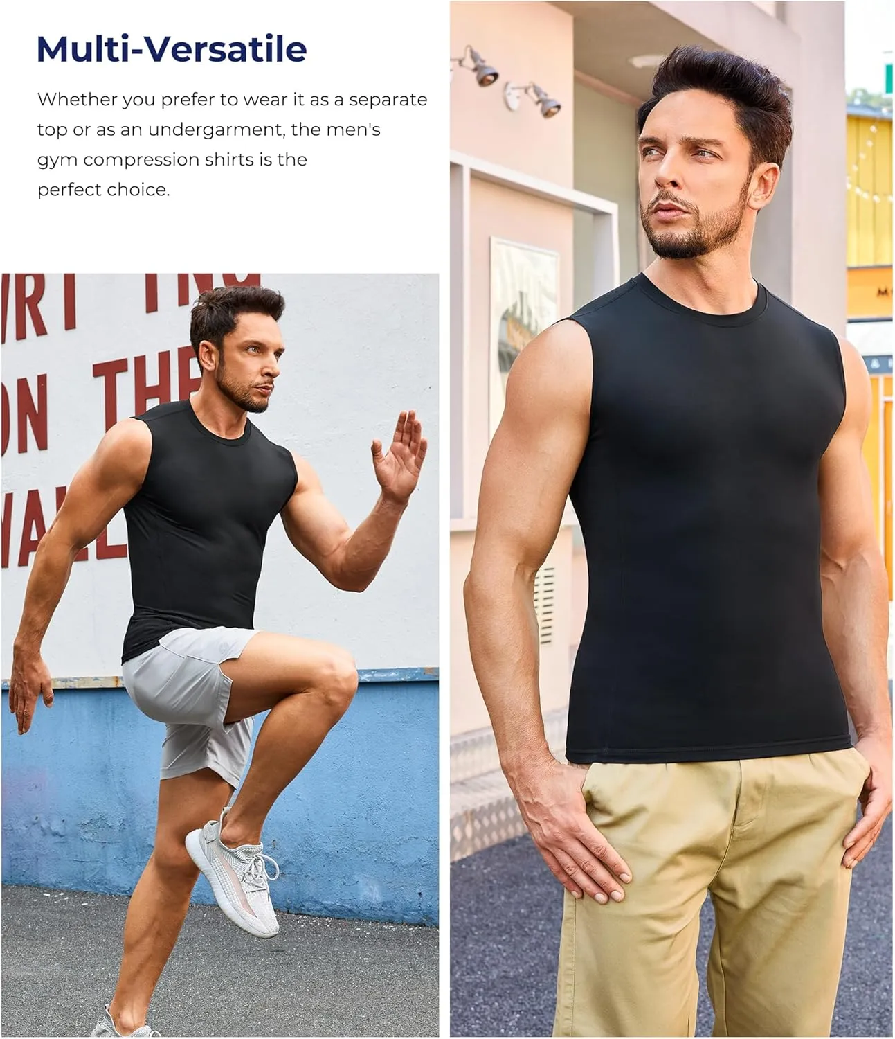 TAILONG 2 Pack Compression Shirt Men - Athletic Base Layer Sleeveless Workout Tank Top Slimming Undershirt