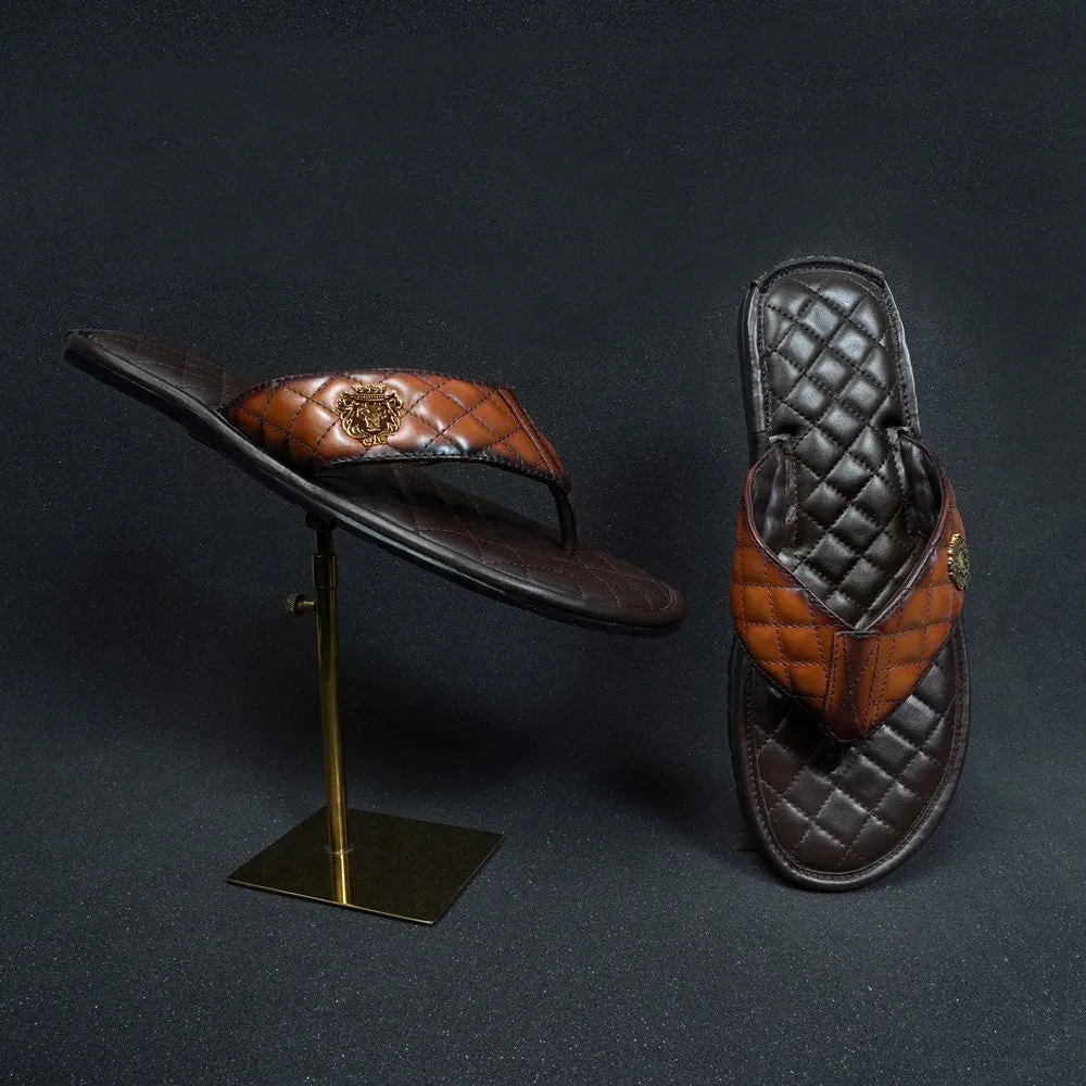 Tan Contrasting V-Strap Leather Slippers