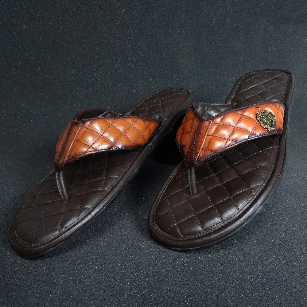 Tan Contrasting V-Strap Leather Slippers