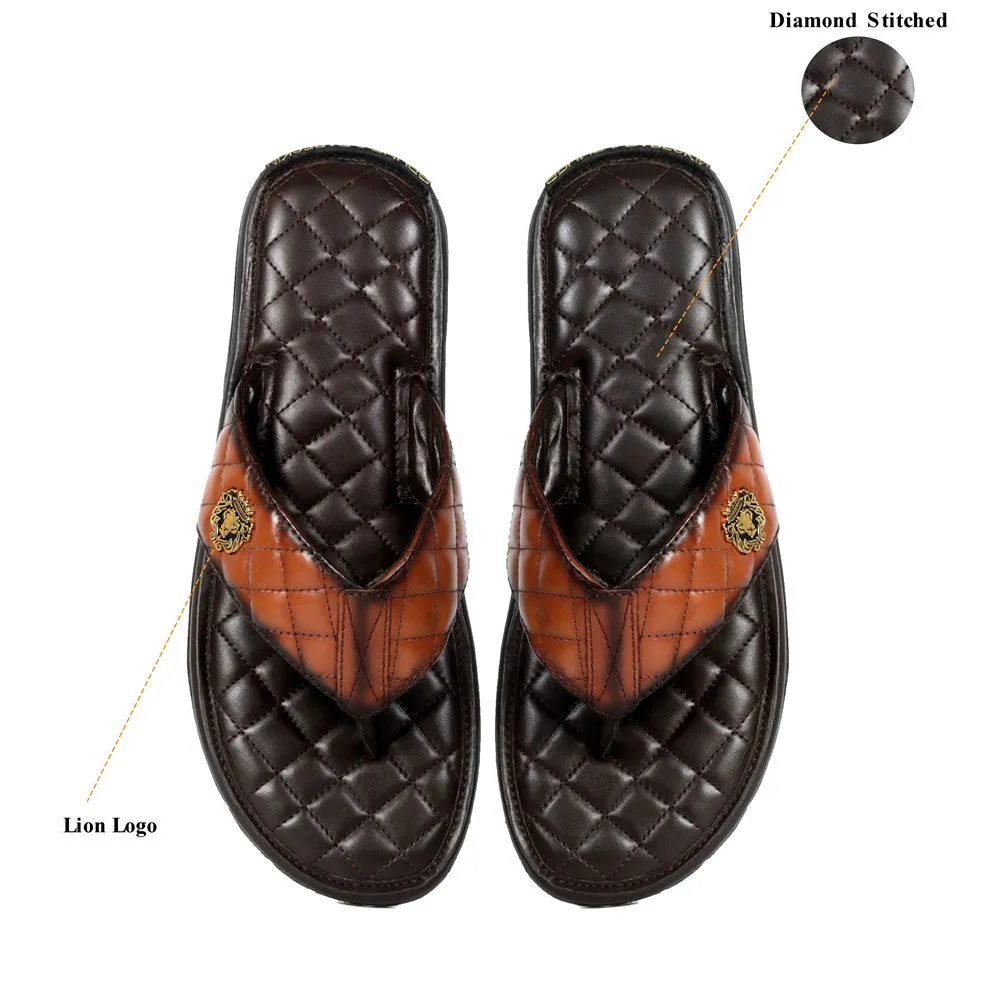 Tan Contrasting V-Strap Leather Slippers