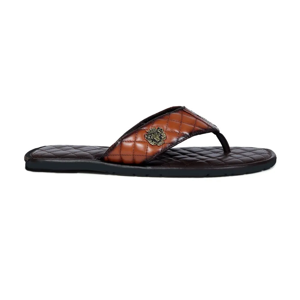 Tan Contrasting V-Strap Leather Slippers