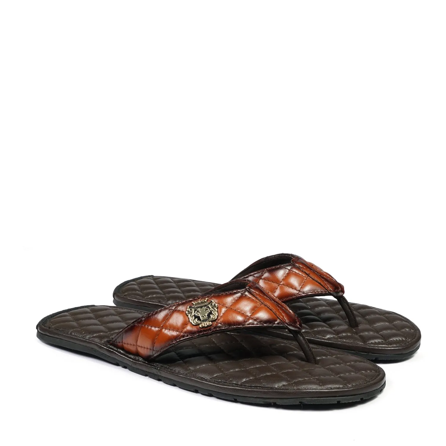 Tan Contrasting V-Strap Leather Slippers