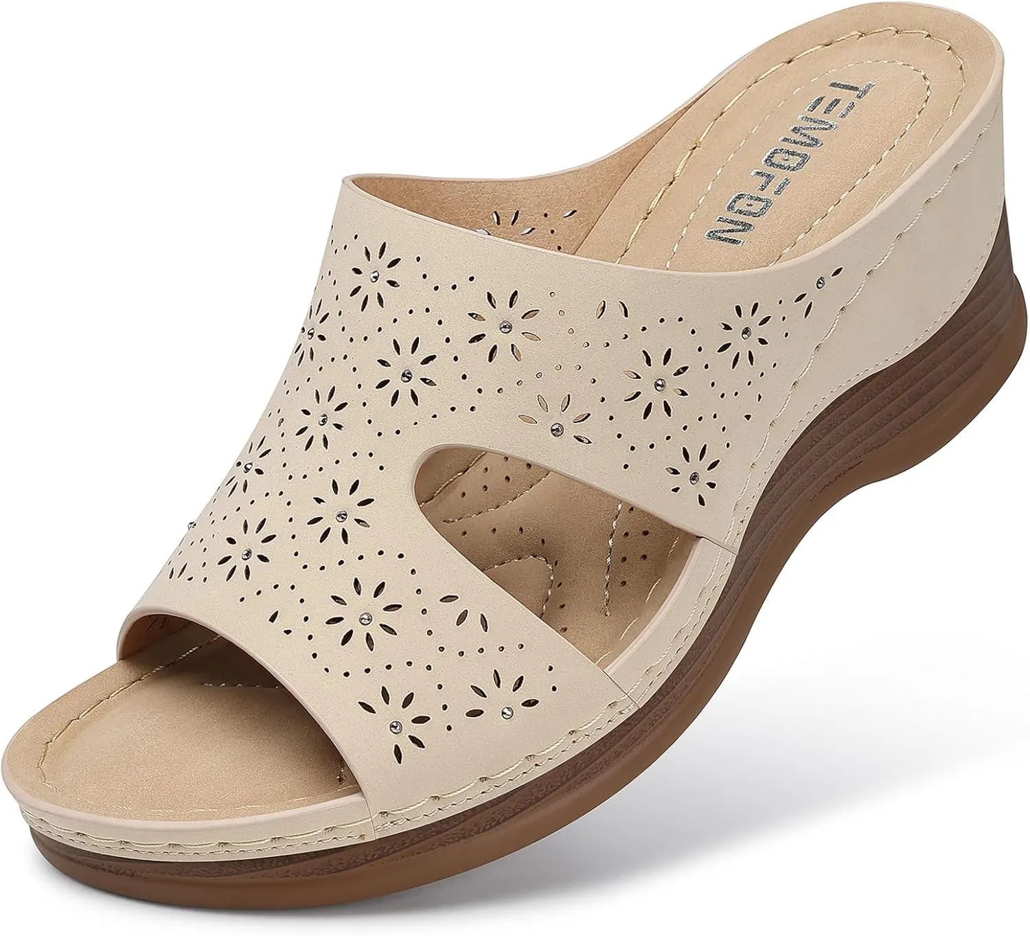 TEMOFON Women Wedge Sandals Dressy: Soft Leather Sandal, Rubber Sole, Comfortable Walking, Casual Slip on Summer Sandals