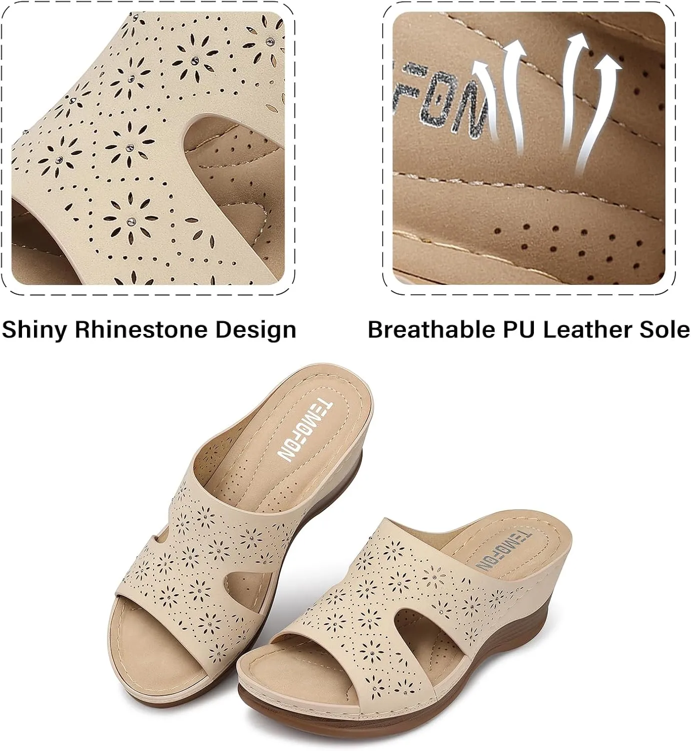TEMOFON Women Wedge Sandals Dressy: Soft Leather Sandal, Rubber Sole, Comfortable Walking, Casual Slip on Summer Sandals