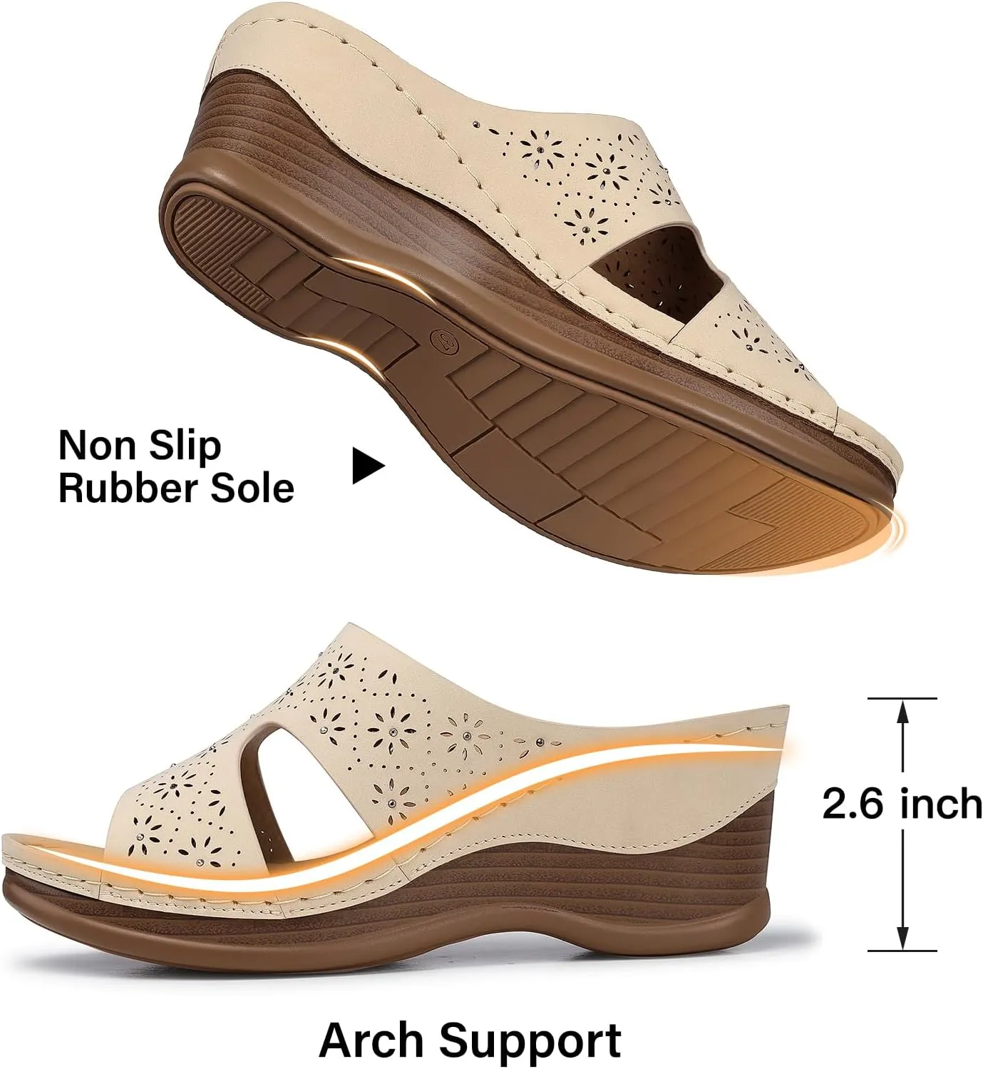 TEMOFON Women Wedge Sandals Dressy: Soft Leather Sandal, Rubber Sole, Comfortable Walking, Casual Slip on Summer Sandals