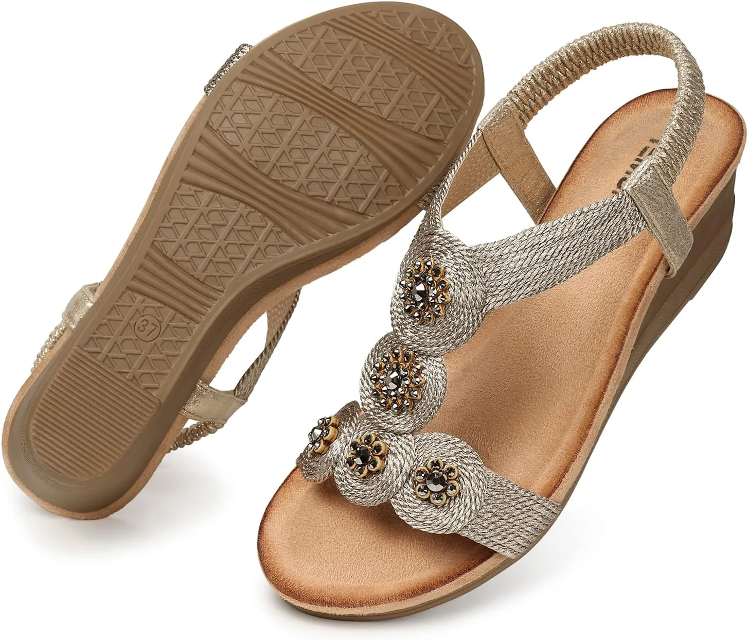 TEMOFON Womens Wedge Dressy Sandals: Elastic Ankle Strap Sandals - Summer Beach Open Toe - Comfortable Walking Sandals Size 5-11