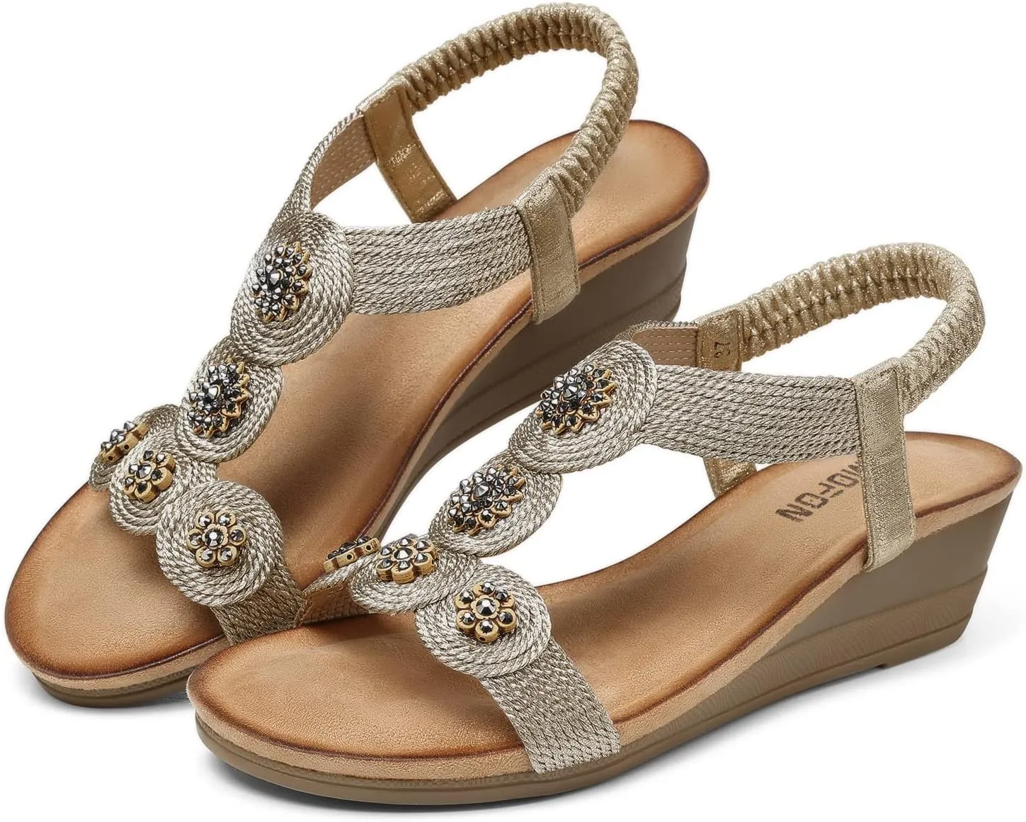 TEMOFON Womens Wedge Dressy Sandals: Elastic Ankle Strap Sandals - Summer Beach Open Toe - Comfortable Walking Sandals Size 5-11