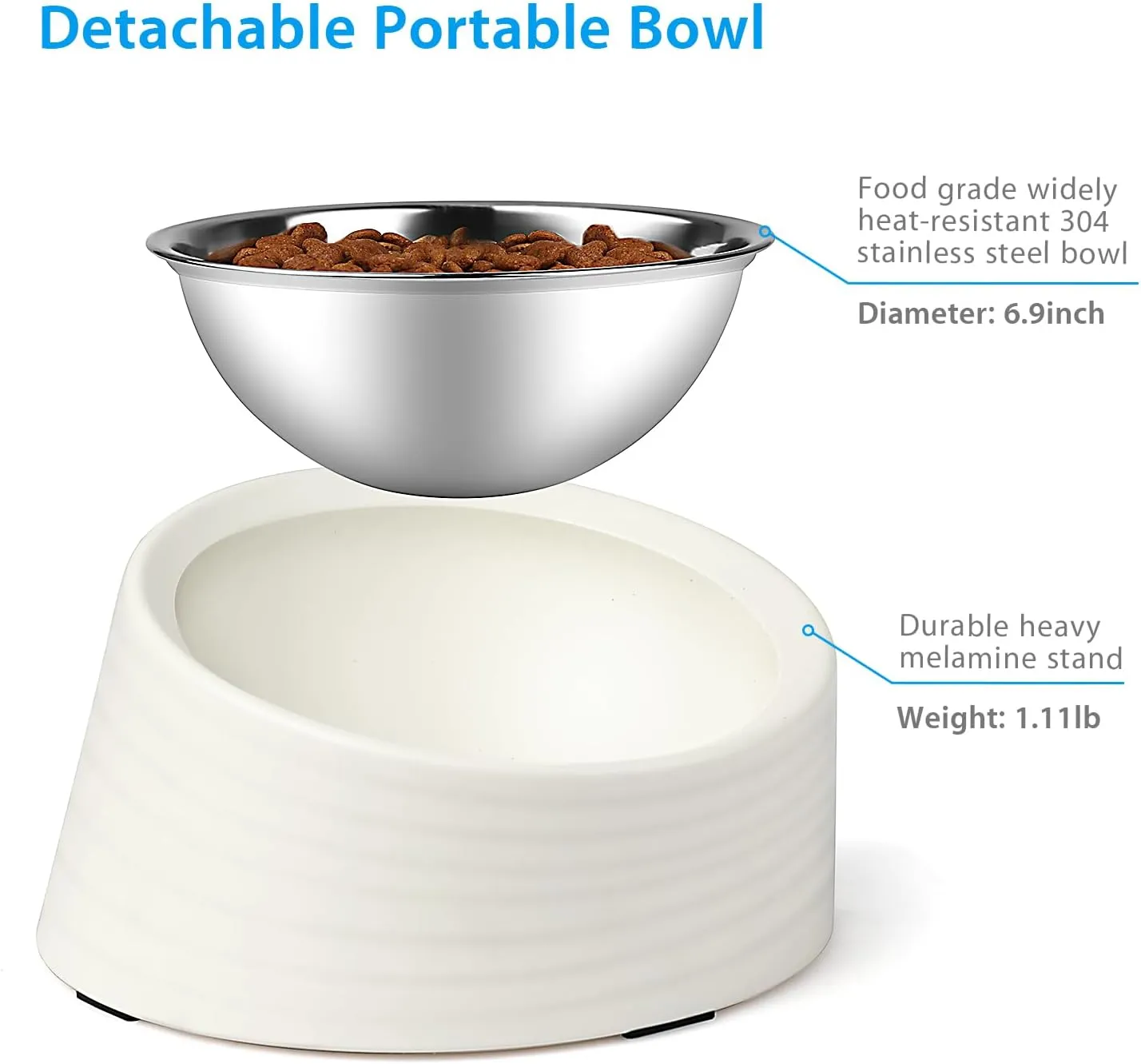 Tilted Angle Dog Bowl, 15° Slanted Stainless Steel Dog Cat Food Bowl, Non-Slip & Non-Spill Pet Feeder with Elevated Detachable Melamine Stand, Easy to Get Food Dish, Large 2 Cup White
