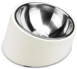 Tilted Angle Dog Bowl, 15° Slanted Stainless Steel Dog Cat Food Bowl, Non-Slip & Non-Spill Pet Feeder with Elevated Detachable Melamine Stand, Easy to Get Food Dish, Large 2 Cup White