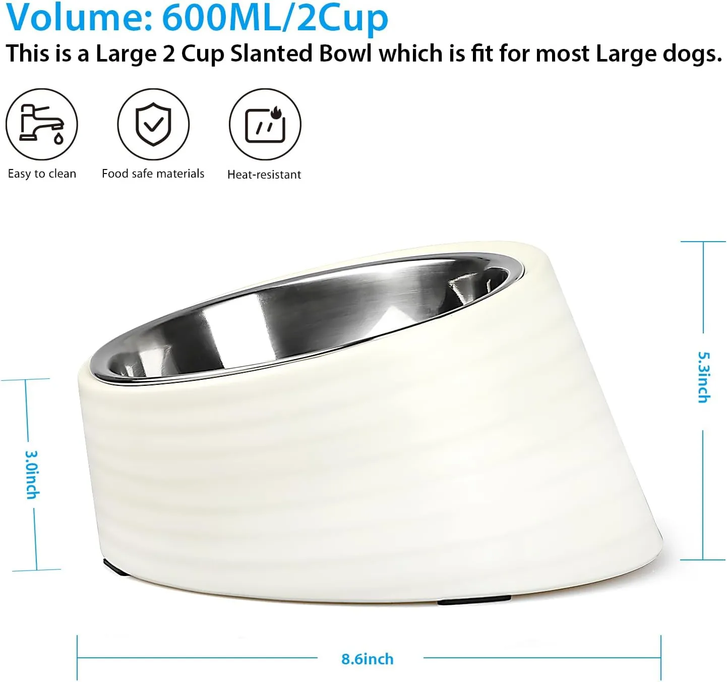 Tilted Angle Dog Bowl, 15° Slanted Stainless Steel Dog Cat Food Bowl, Non-Slip & Non-Spill Pet Feeder with Elevated Detachable Melamine Stand, Easy to Get Food Dish, Large 2 Cup White