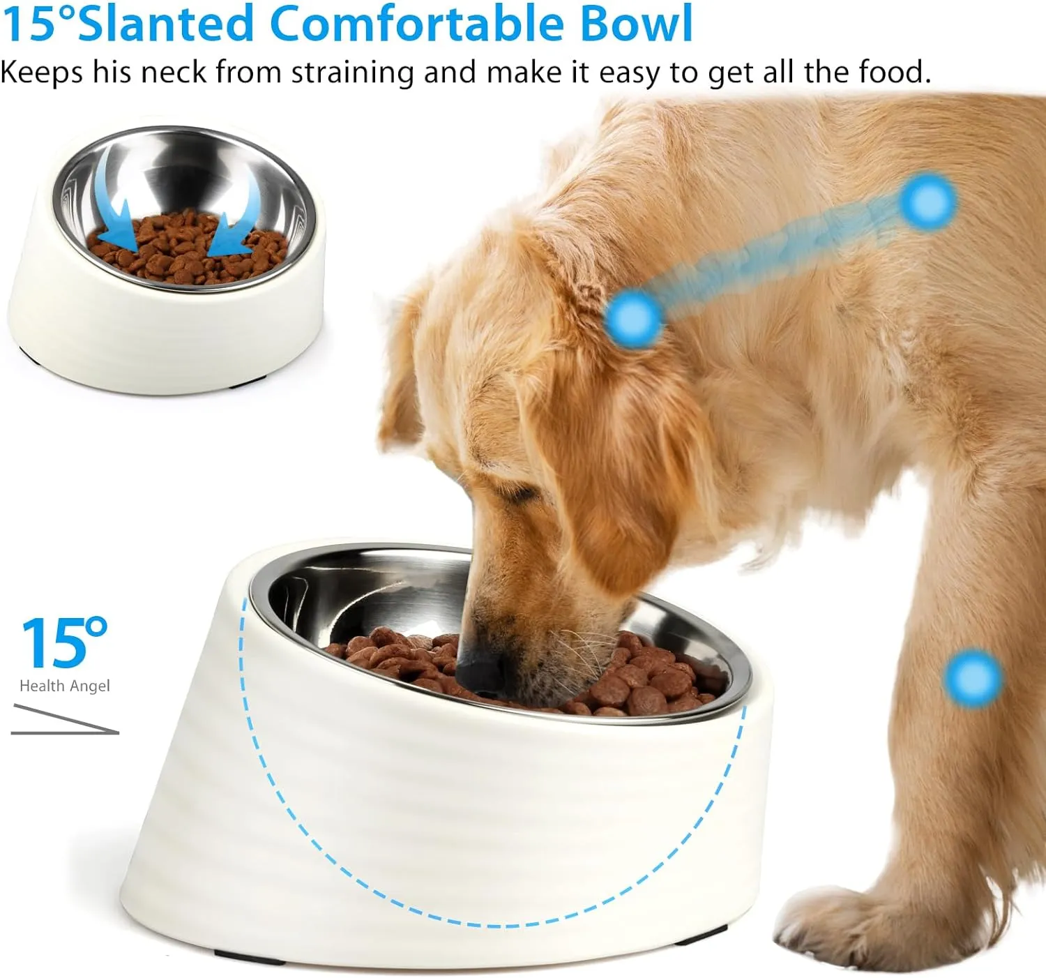 Tilted Angle Dog Bowl, 15° Slanted Stainless Steel Dog Cat Food Bowl, Non-Slip & Non-Spill Pet Feeder with Elevated Detachable Melamine Stand, Easy to Get Food Dish, Large 2 Cup White