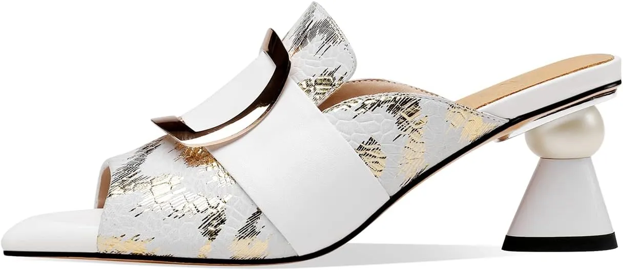 TinaCus Women's Handmade Leather Comfortable Unique Design Heel Peep Toe Slip On Mule Pumps