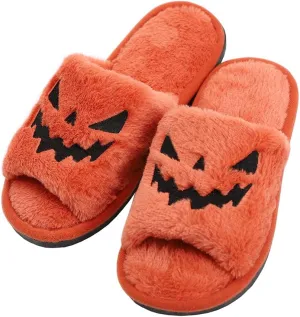 TITTOK Spooky Slides Halloween Slippers Jack O Lantern Pumpkin Soft Plush Cozy Open Toe Indoor Outdoor Fuzzy Slippers Gifts For Girls Women Girlfriend Men
