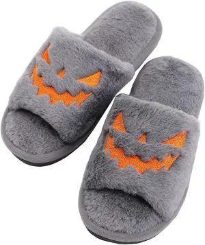 TITTOK Spooky Slides Halloween Slippers Jack O Lantern Pumpkin Soft Plush Cozy Open Toe Indoor Outdoor Fuzzy Slippers Gifts For Girls Women Girlfriend Men