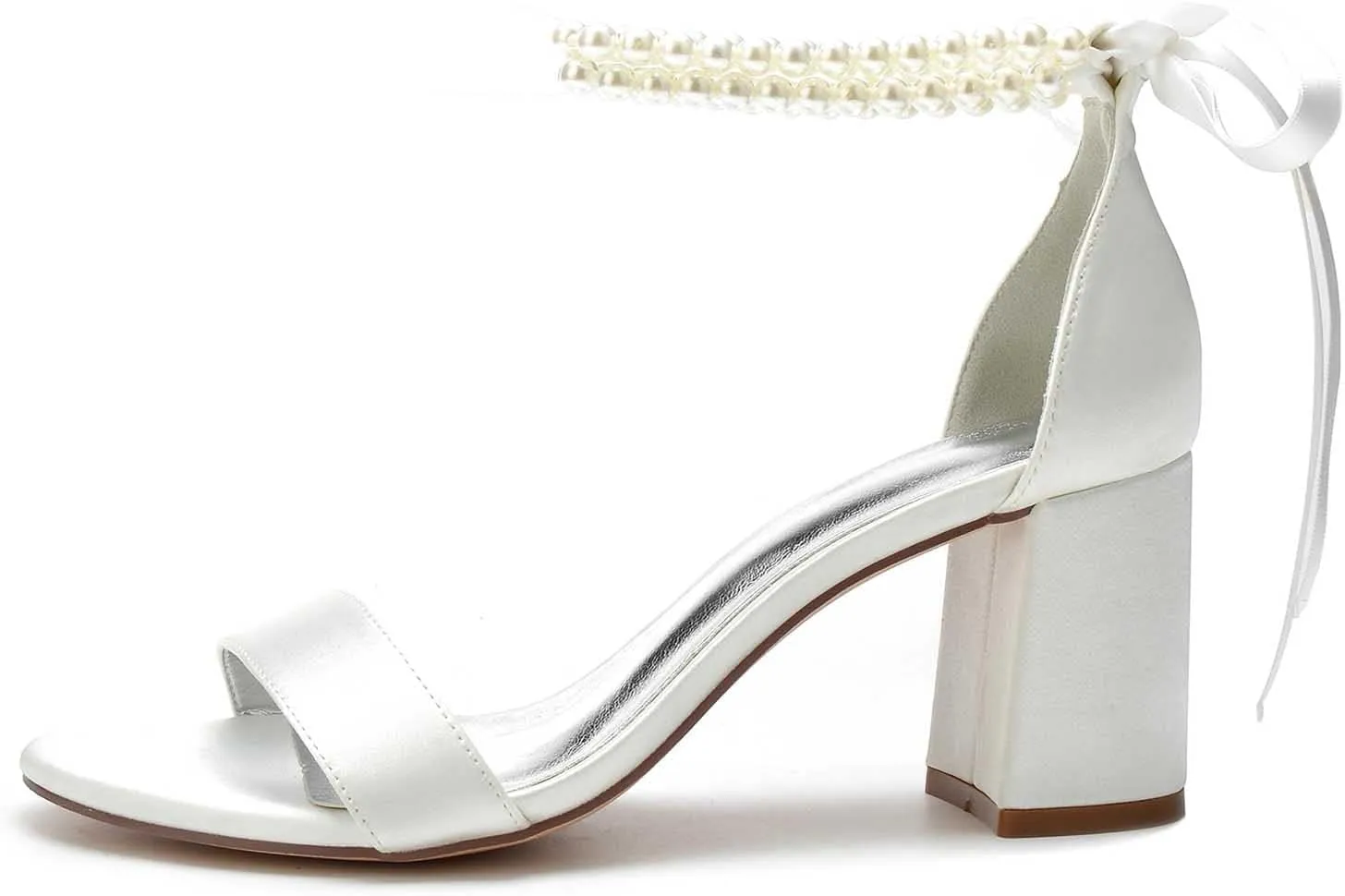 TNXZ Women Block Heel Satin Double Pearls Wedding Sandals Open Toe Ribbon Tie Party Dress Heeled Sandal Shoes
