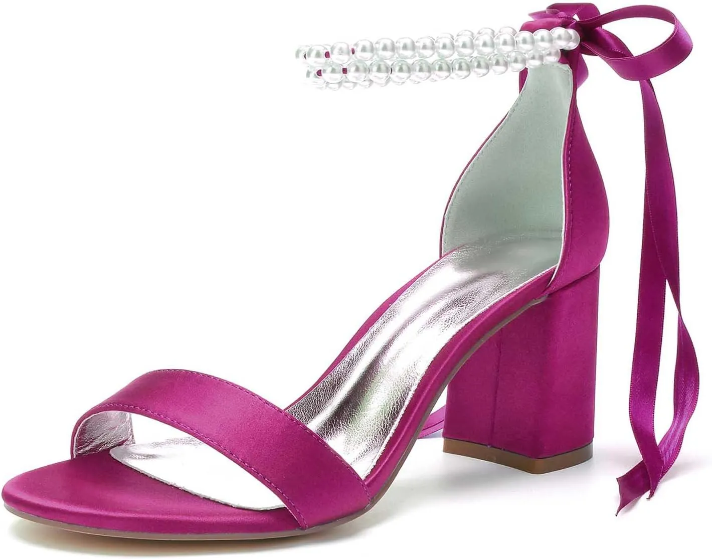 TNXZ Women Block Heel Satin Double Pearls Wedding Sandals Open Toe Ribbon Tie Party Dress Heeled Sandal Shoes