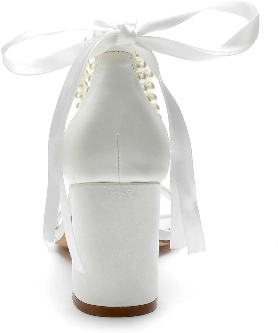 TNXZ Women Block Heel Satin Double Pearls Wedding Sandals Open Toe Ribbon Tie Party Dress Heeled Sandal Shoes