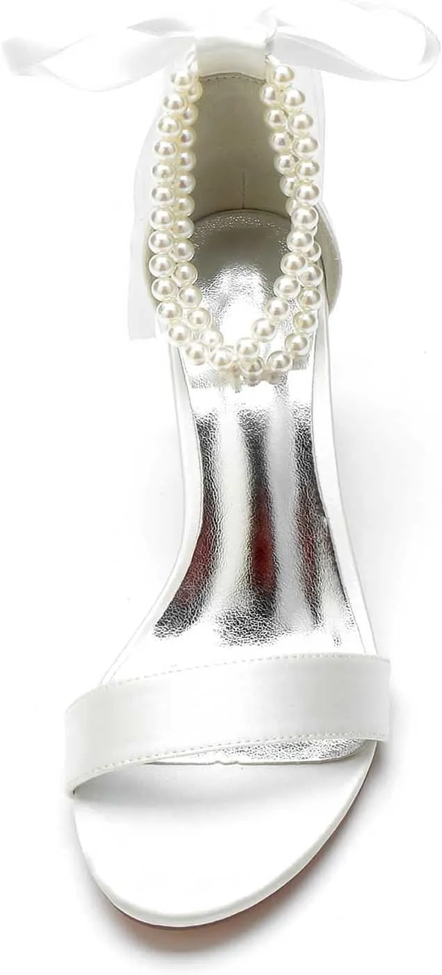 TNXZ Women Block Heel Satin Double Pearls Wedding Sandals Open Toe Ribbon Tie Party Dress Heeled Sandal Shoes