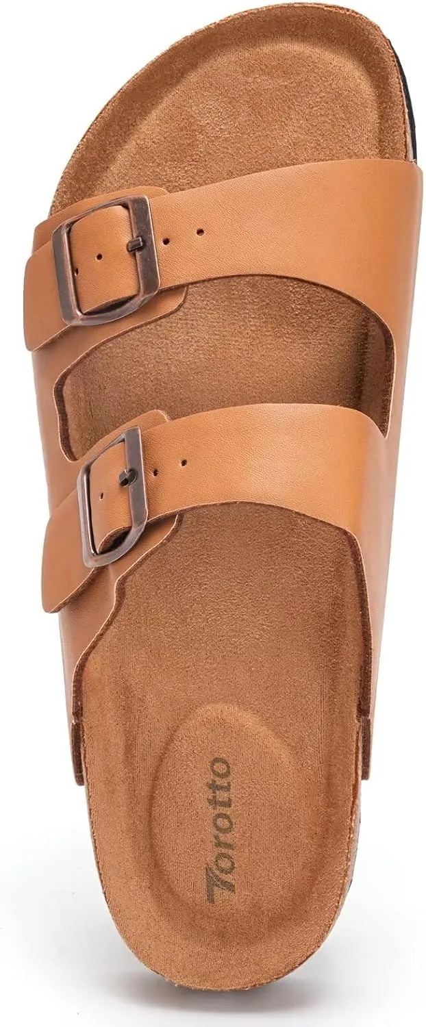 Torotto Mens Slides with Cork Footbed Open Toe Adjustable Webbing Flat Sandals for Walking | Beach | Indoor