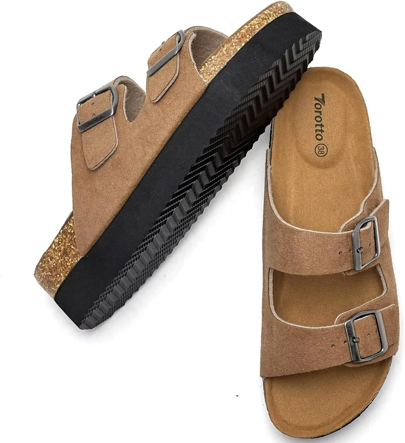 Torotto Womens Slides with Cork Footbed Open Toe Adjustable Webbing Flat Sandals for Walking | Beach | Indoor