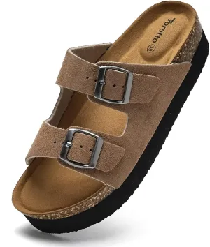 Torotto Womens Slides with Cork Footbed Open Toe Adjustable Webbing Flat Sandals for Walking | Beach | Indoor