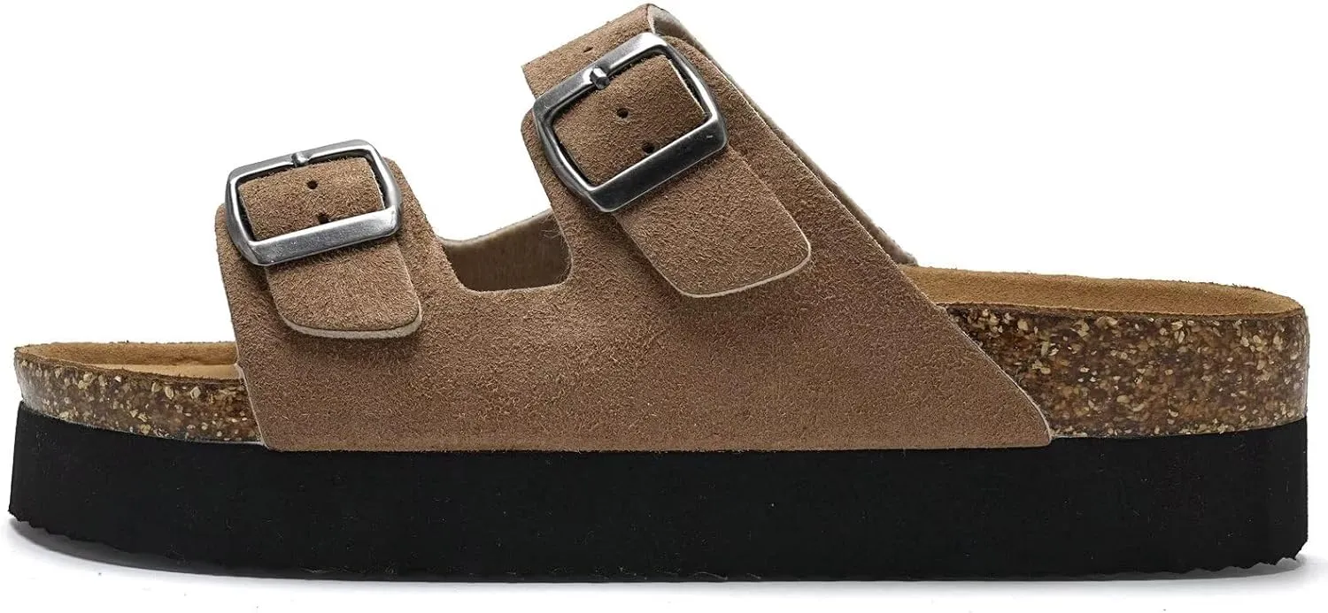 Torotto Womens Slides with Cork Footbed Open Toe Adjustable Webbing Flat Sandals for Walking | Beach | Indoor