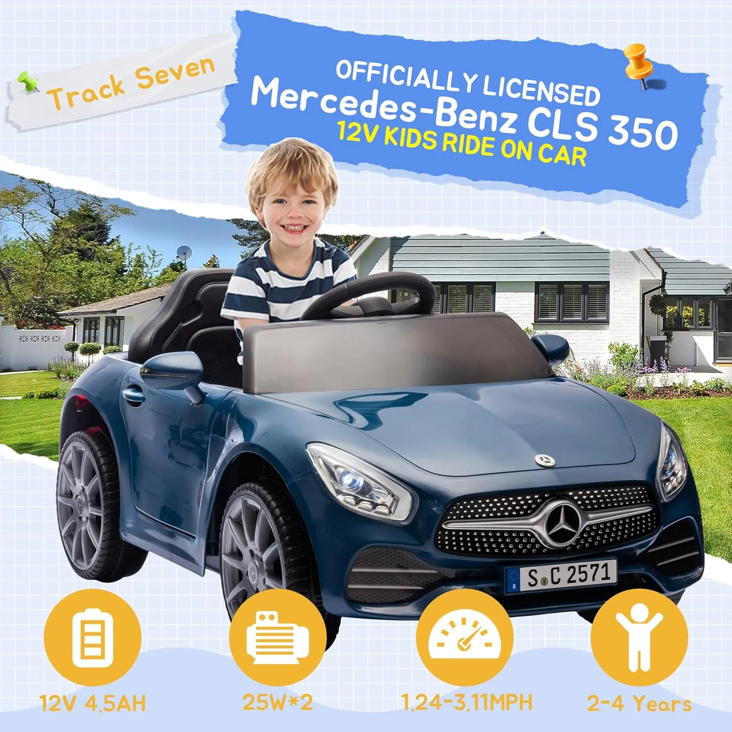 Track Seven 12V Kids Electric Ride On Car Licensed Mercedes-Benz CLS 350, Parent Remote Control, Four Wheel Suspension, Music, Power Display, Outdoor Toys for Boys Girls Toddlers Ages 2-4 (Blue)