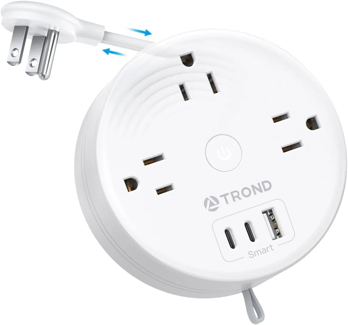 TROND Travel Power Strip - Retractable Extension Cord 5ft Ultra Thin Flat Plug, Retractable Power Strip with 3 AC Outlets 3 USB Ports (2 USB C), Cruise Ship Essentials, for Home Hotel Dorm Room, White