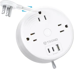 TROND Travel Power Strip - Retractable Extension Cord 5ft Ultra Thin Flat Plug, Retractable Power Strip with 3 AC Outlets 3 USB Ports (2 USB C), Cruise Ship Essentials, for Home Hotel Dorm Room, White