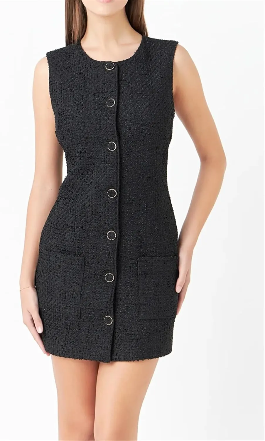 Tweed Dress Woman Sleeveless Bodycon Jackie O Dresses Crew Neck Elegant Button Down Mini Dress