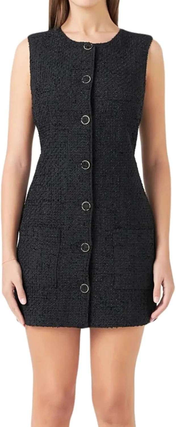 Tweed Dress Woman Sleeveless Bodycon Jackie O Dresses Crew Neck Elegant Button Down Mini Dress