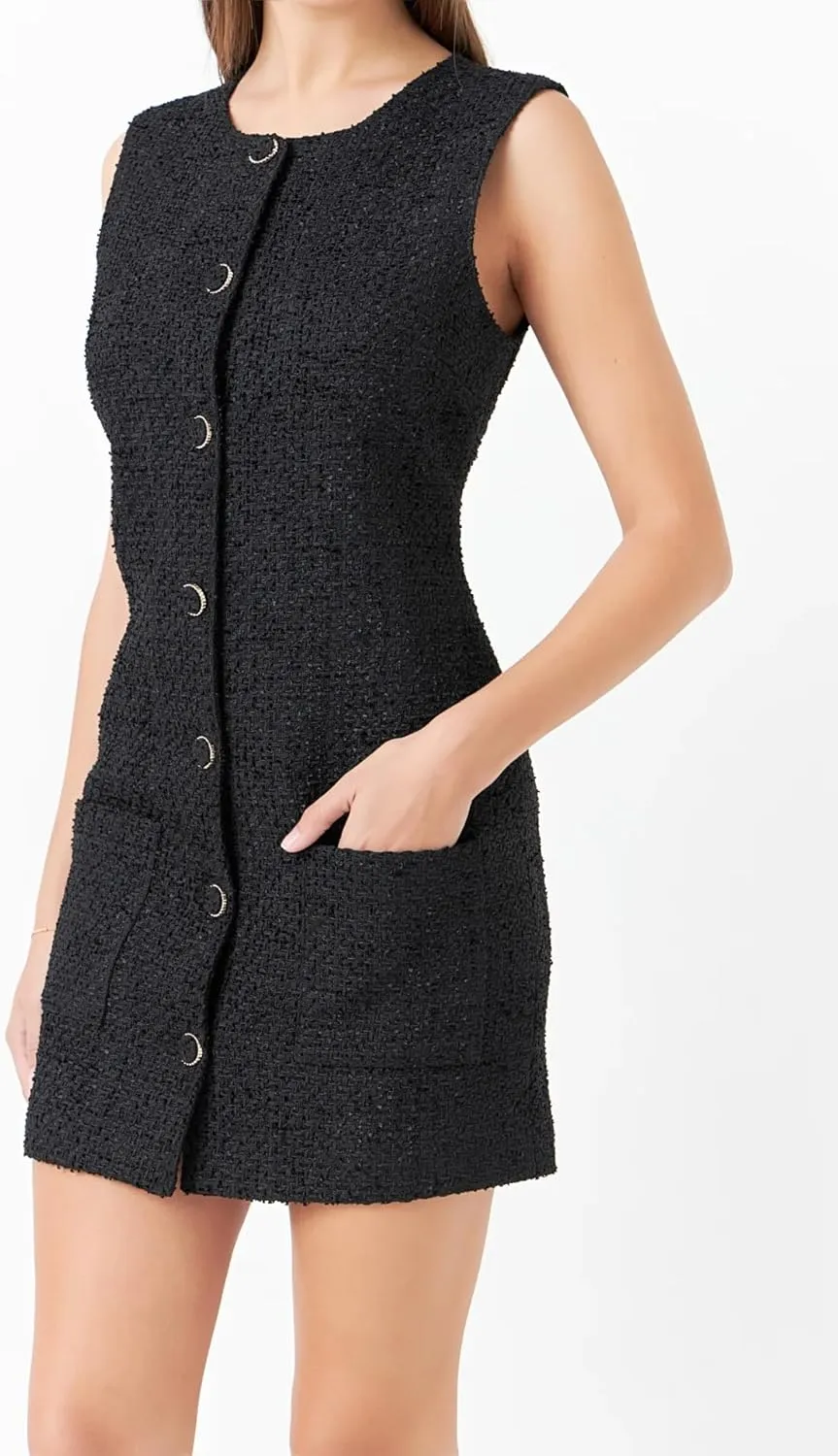 Tweed Dress Woman Sleeveless Bodycon Jackie O Dresses Crew Neck Elegant Button Down Mini Dress