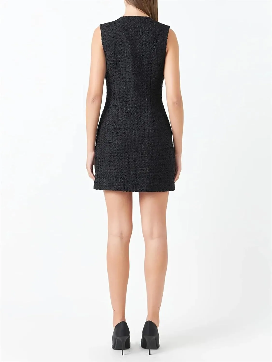 Tweed Dress Woman Sleeveless Bodycon Jackie O Dresses Crew Neck Elegant Button Down Mini Dress
