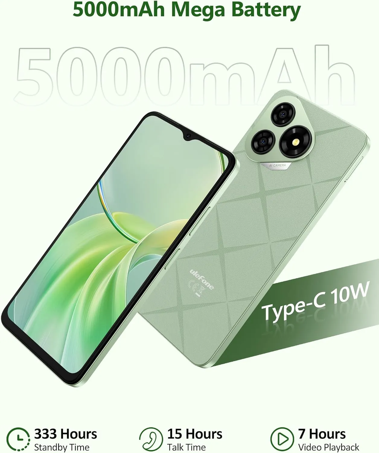 Ulefone Note 19 Phone Unlocked, 6.56 inch HD  Display, Android 14 Go, Octa-Core 6GB 32GB, 5000mAh Battery, 3-Card Slots, Dual 4G LTE, 8MP 5MP Camera, GPS/Face Recognition - Green