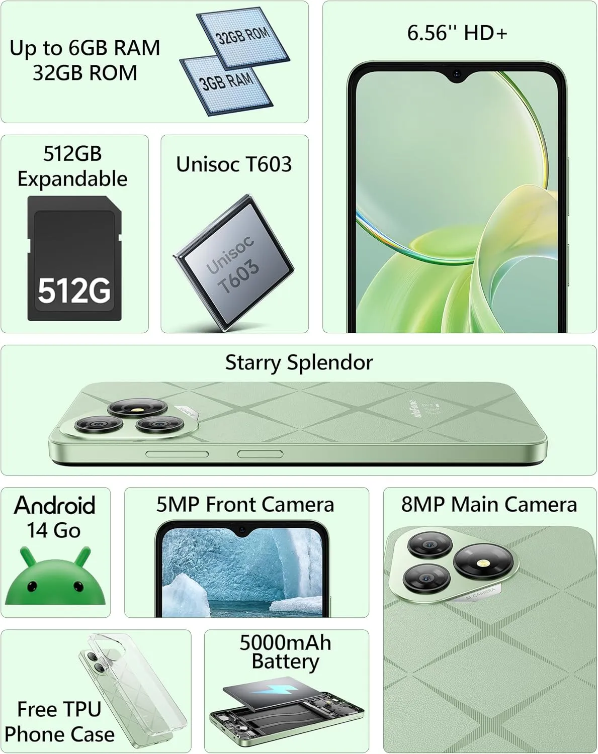 Ulefone Note 19 Phone Unlocked, 6.56 inch HD  Display, Android 14 Go, Octa-Core 6GB 32GB, 5000mAh Battery, 3-Card Slots, Dual 4G LTE, 8MP 5MP Camera, GPS/Face Recognition - Green
