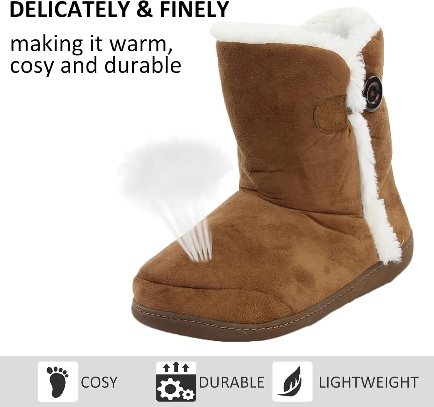 Unisex Warm Winter Memory Foam Button Slipper Boots for Women House Booties - Cozy Suede, Soft, Furry Footwear for Men