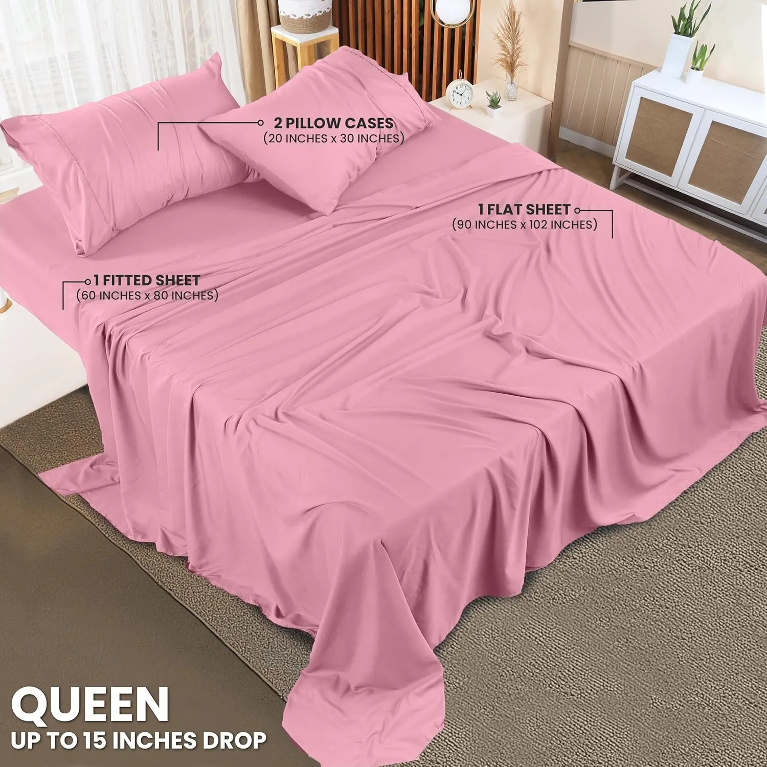 Utopia Bedding Queen Bed Sheets Set - 4 Piece Bedding - Brushed Microfiber - Shrinkage and Fade Resistant - Easy Care (Queen, Pink)