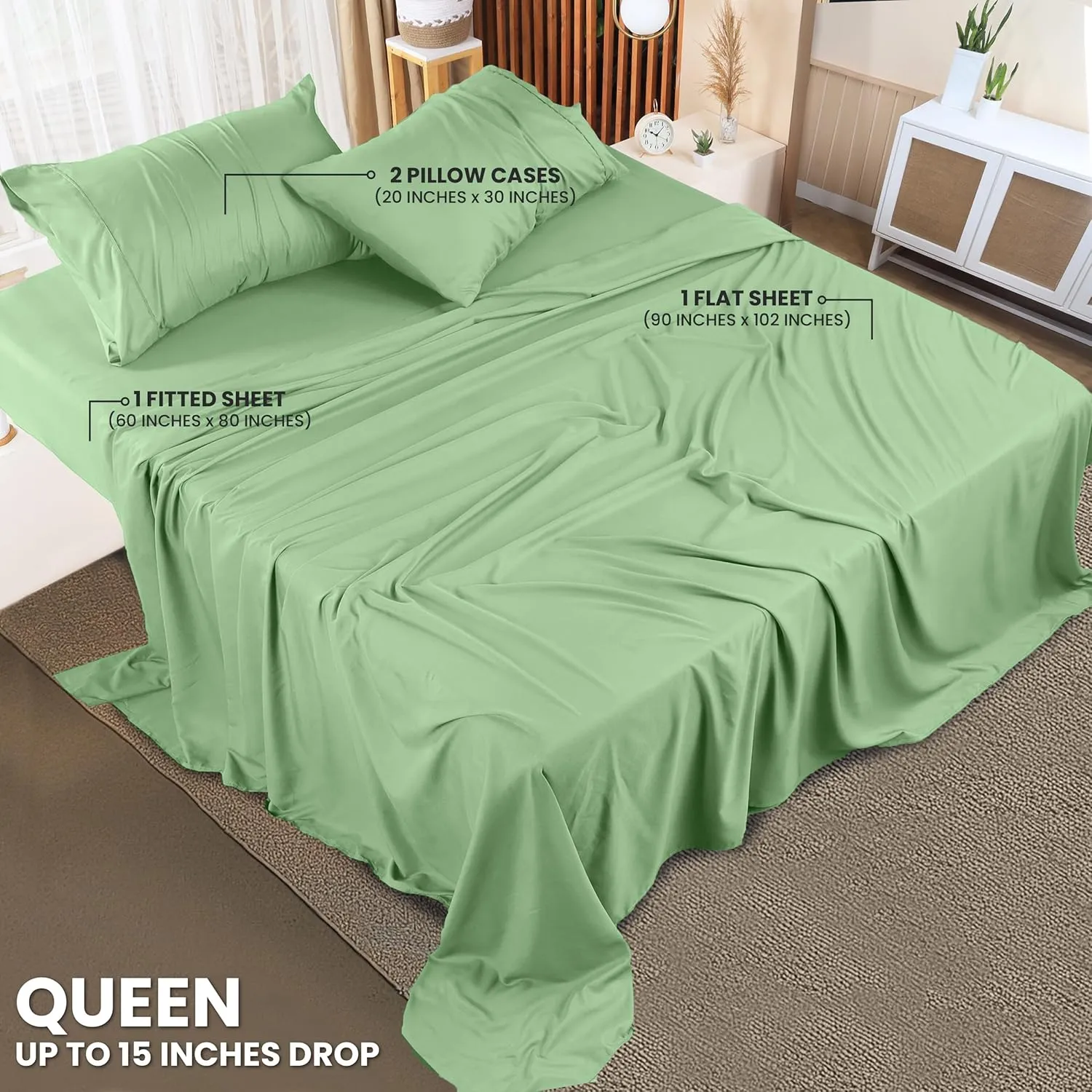 Utopia Bedding Queen Bed Sheets Set - 4 Piece Bedding - Brushed Microfiber - Shrinkage and Fade Resistant - Easy Care (Queen, Sage)