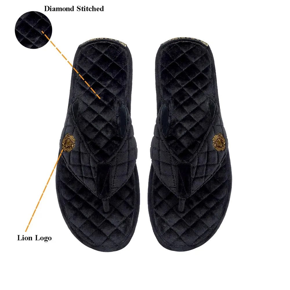V-Strap Italian Velvet Slippers in Black Full Quilted Stitched Pattern