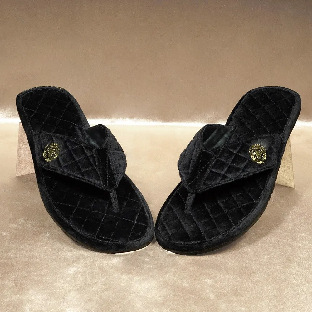 V-Strap Italian Velvet Slippers in Black Full Quilted Stitched Pattern