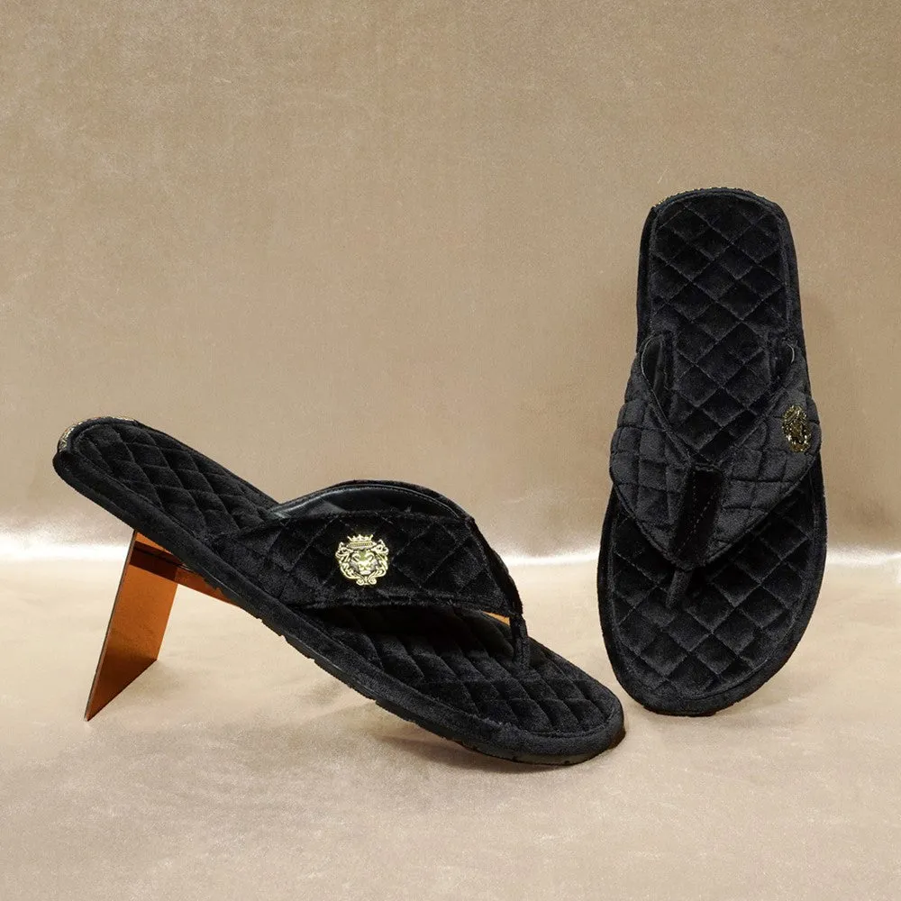 V-Strap Italian Velvet Slippers in Black Full Quilted Stitched Pattern
