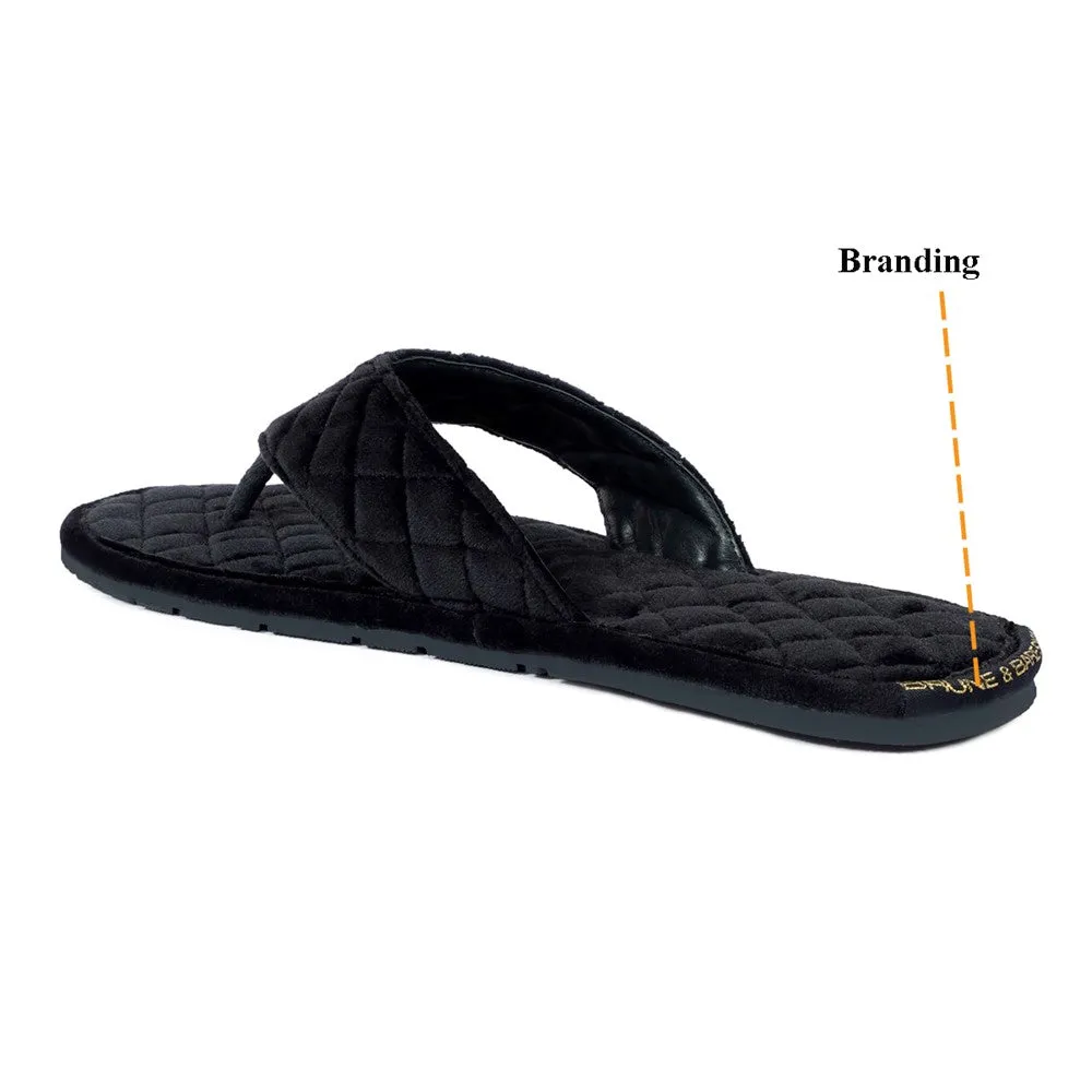 V-Strap Italian Velvet Slippers in Black Full Quilted Stitched Pattern