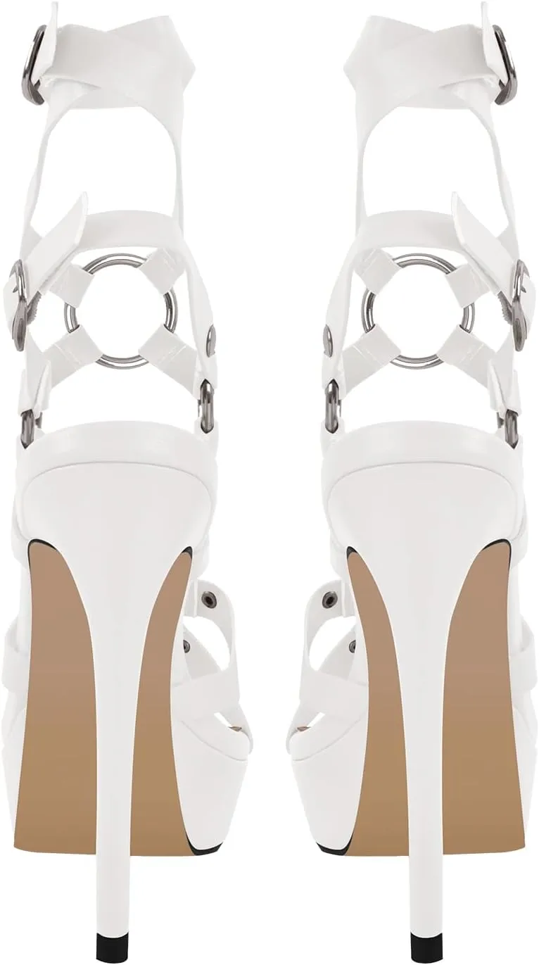 VERISSON Women's Grommets Stiletto Sandals Platform Open-back High Heels Cross Bands Open Toe Buckle-up Ankle Sandals Party Dressing