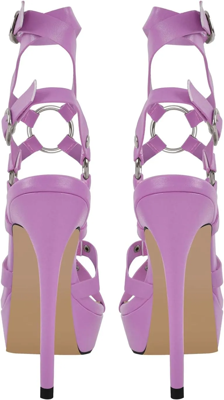 VERISSON Women's Grommets Stiletto Sandals Platform Open-back High Heels Cross Bands Open Toe Buckle-up Ankle Sandals Party Dressing