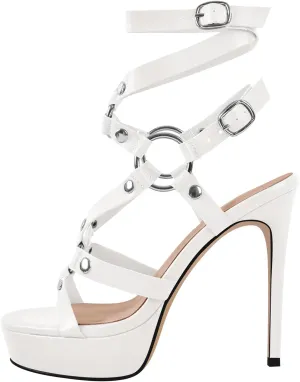 VERISSON Women's Grommets Stiletto Sandals Platform Open-back High Heels Cross Bands Open Toe Buckle-up Ankle Sandals Party Dressing