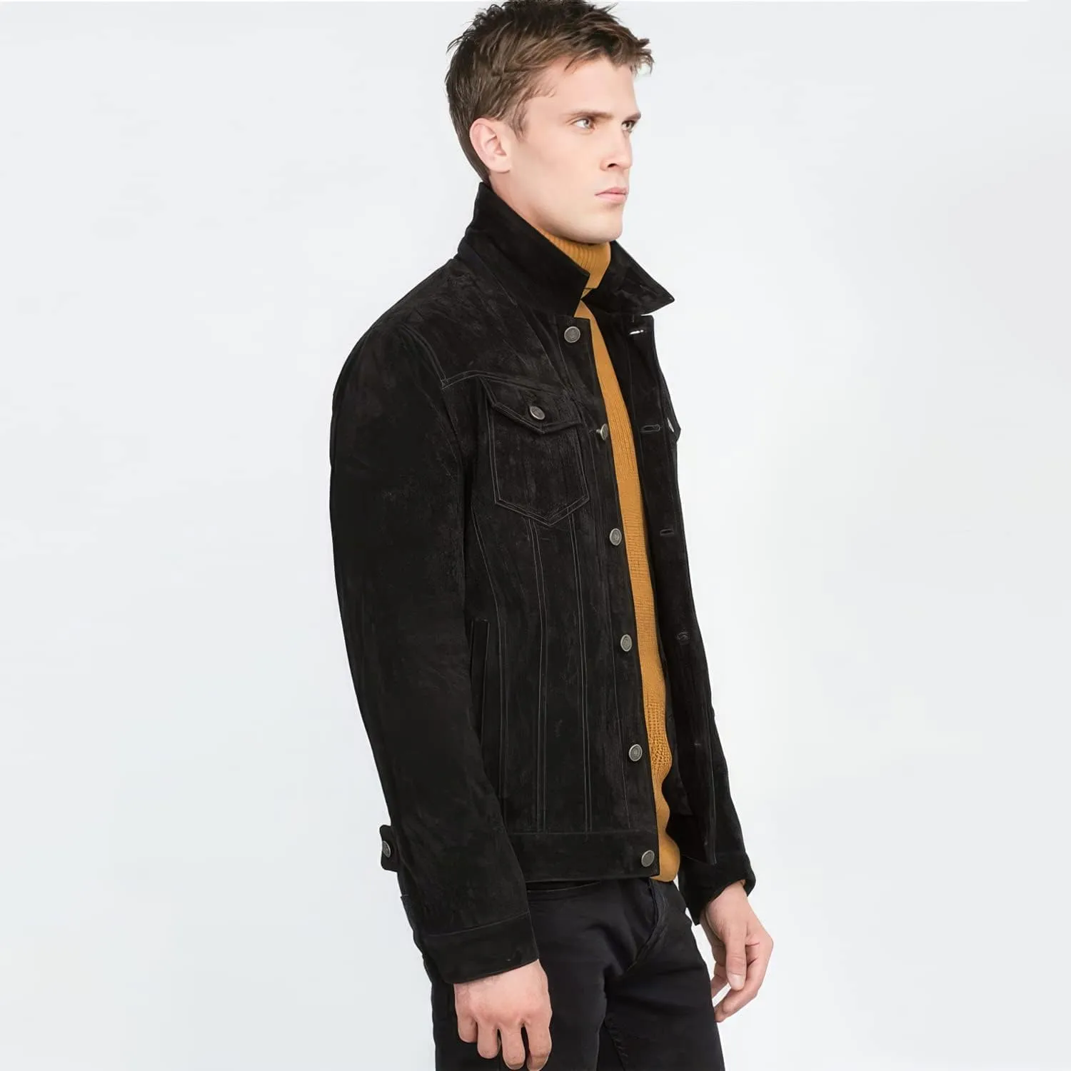 Vintage Third Generation Native American Cowboy Black Genuine Suede Leather Jacket with Classic Shirt Collar for Men